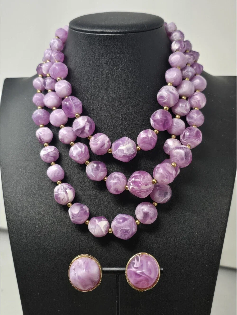 Vtg Kramer Signed Purple Marbled Lucite Bead Necklace Set
